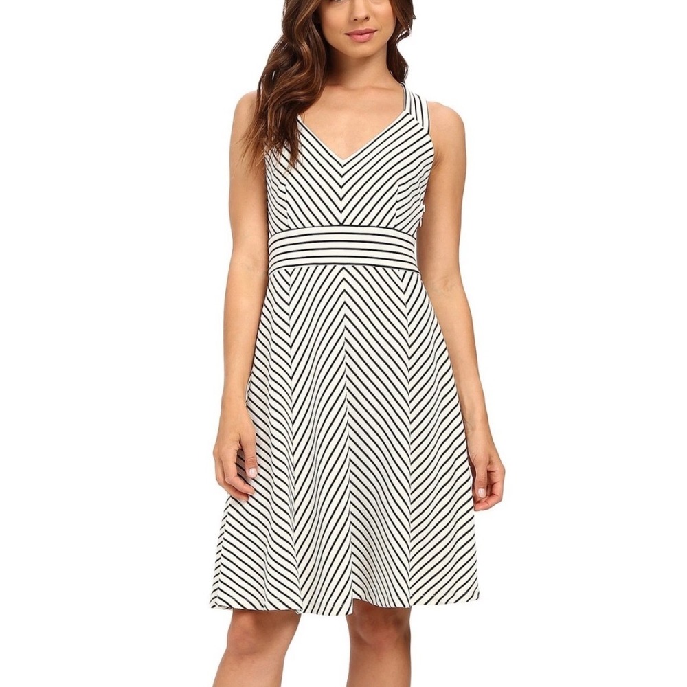NWT Adrianna Papell Ottoman Dress Stripe Criss Cross Large Ivory Black Preppy